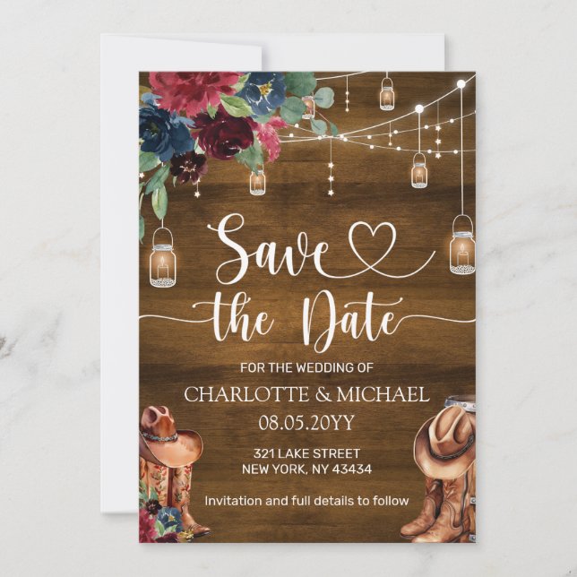 Rustic Western Cowboy Save the Date Wedding Einladung (Vorderseite)