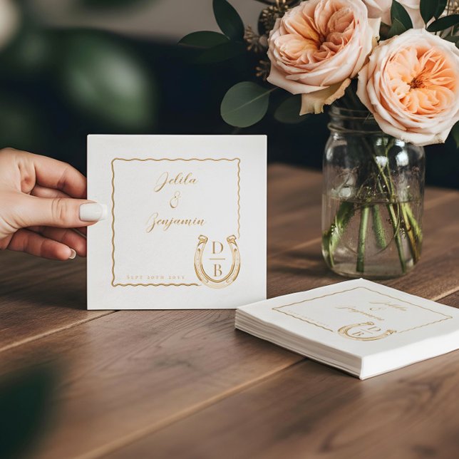 Rustic Western Horseshoe Name & Monogram Wedding Servietten Mit Folie (Rustic Western Horseshoe Name & Monogram Wedding Foil Napkins)