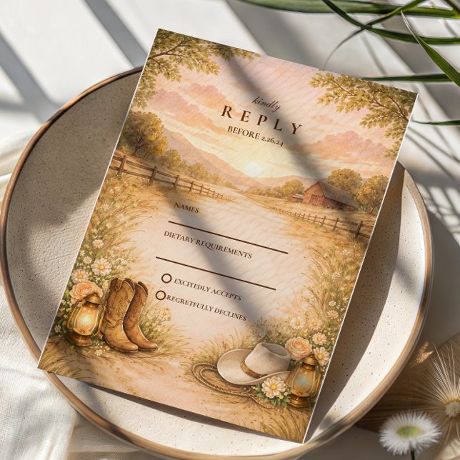 Rustic Western Meadow Wedding RSVP Karte (Von Creator hochgeladen)