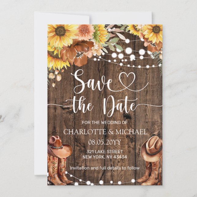 Rustic Western Sunflower Save the Date Wedding Einladung (Vorderseite)
