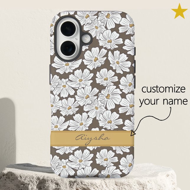 Rustic White Flower Sketch Yellow Gray Custom Name Case-Mate iPhone Hülle (Von Creator hochgeladen)