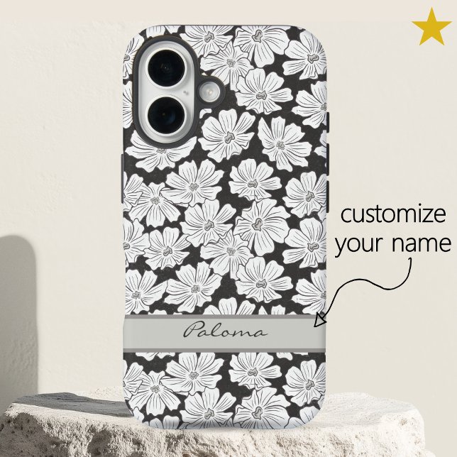 Rustic White Flowers Sketch Black Gray Custom Name Case-Mate iPhone Hülle (Von Creator hochgeladen)