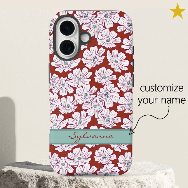 Rustic White Flowers Sketch Red Teal Custom Name Case-Mate iPhone Hülle (Von Creator hochgeladen)