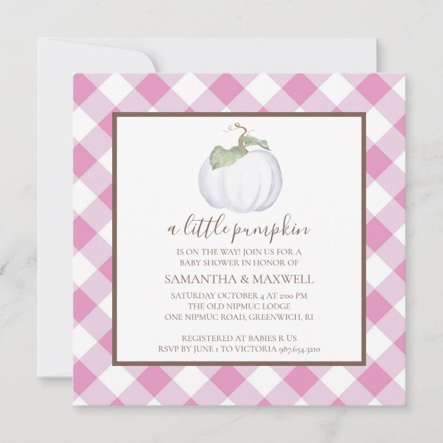 Rustic White Pumpkin and Gingham Baby Shower Einladung (Vorderseite)