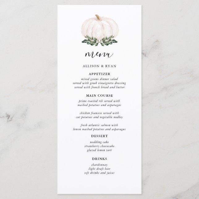 Rustic White Pumpkin Wedding Menus Menükarte (Vorderseite)