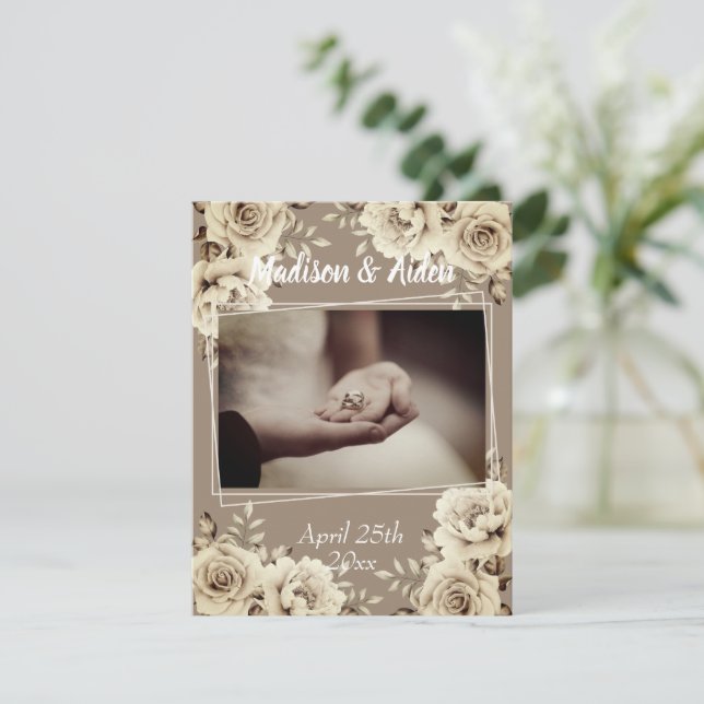 Rustic White Rose Fotovorlage Hochzeit Danke Save The Date (Stehend Vorderseite)