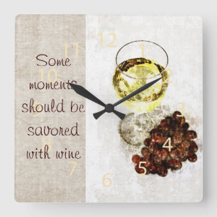 rustic white wine glass with grape clock quadratische wanduhr