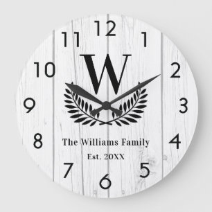 Rustic white wood family monogram name große wanduhr