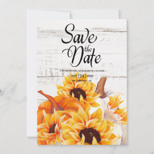 Rustic White Wood Watercolor Pumpkin Sunflower Save The Date