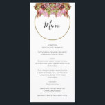 Rustic Wild Blume Bouquet Wedding Menükarte<br><div class="desc">Dieses Design zeichnet sich durch einen rustikalen wilden Blume-Bouquet aus. Ein einfacher goldener Rahmen umkreist den Text. Die rustikal rosa Blumenfarben ergänzen das Grün der Blätter. Die goldfarbenen Krawatte schaffen ein rustikales Landwaldgarten-Ambiente. Die goldfarbenen und rosa Streifen bedecken die Rückseite des Designs. Elegantes Hochzeitsmenü-Kartendesign mit modernen Elementen. Auch die passenden...</div>