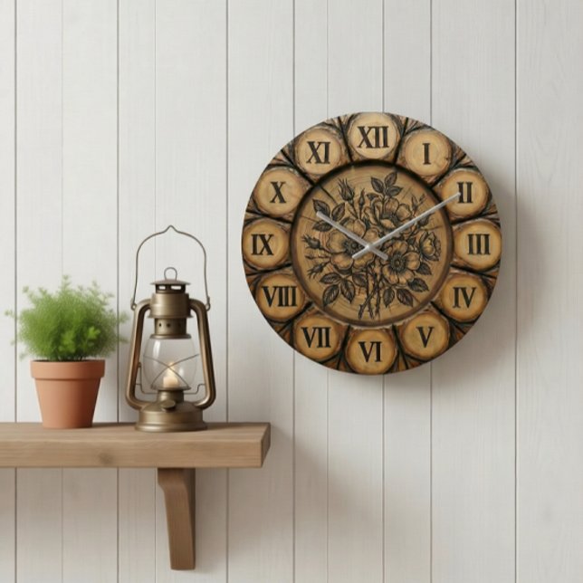 Rustic Wild Rose Wall Clock | Wood-Look Farmhouse  Große Wanduhr (Von Creator hochgeladen)