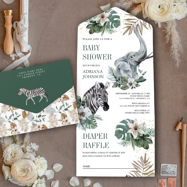 Rustic Wild Safari Zebra und Elephant Baby Shower All In One Einladung (Von Creator hochgeladen)