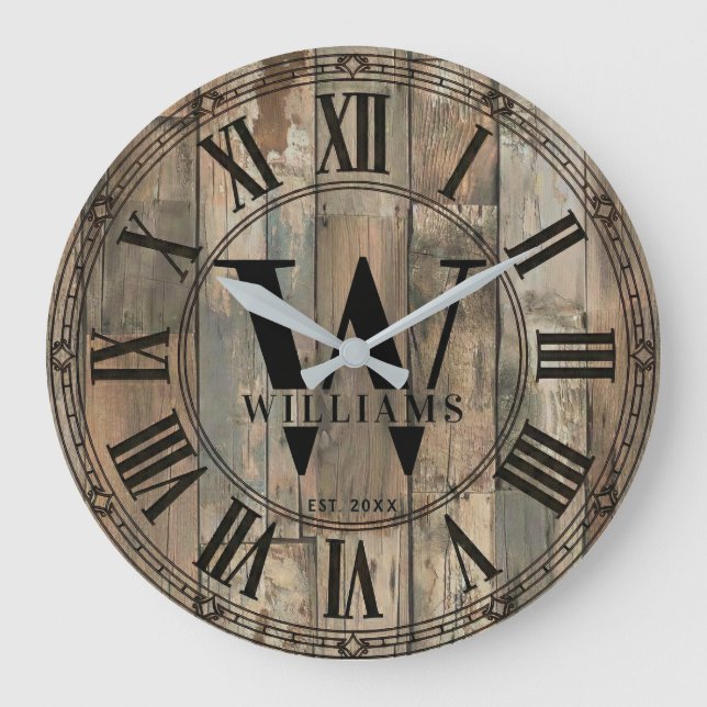 Rustic Williams Family Monogram Clock | Wood-Look  Große Wanduhr (Vorderseite)