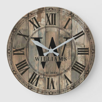 Rustic Williams Family Monogrammuhr | Holz-Optik  Große Wanduhr