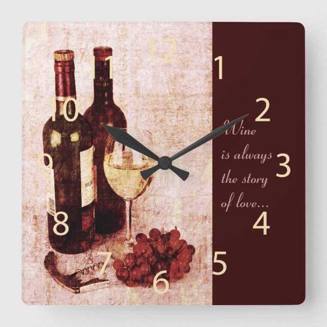 Rustic wine bottles and wine glass clock quadratische wanduhr (Vorderseite)