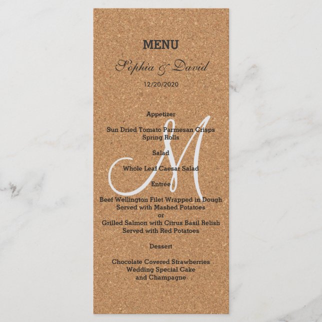 Rustic Wine Cork Wedding Monogram Menu Menükarte (Vorderseite)