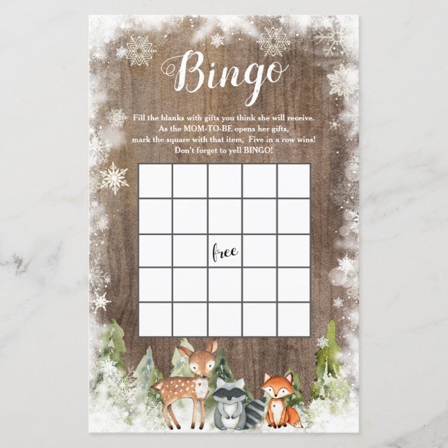 Rustic Winter Animal Woodland Baby Showbingo (Vorderseite)