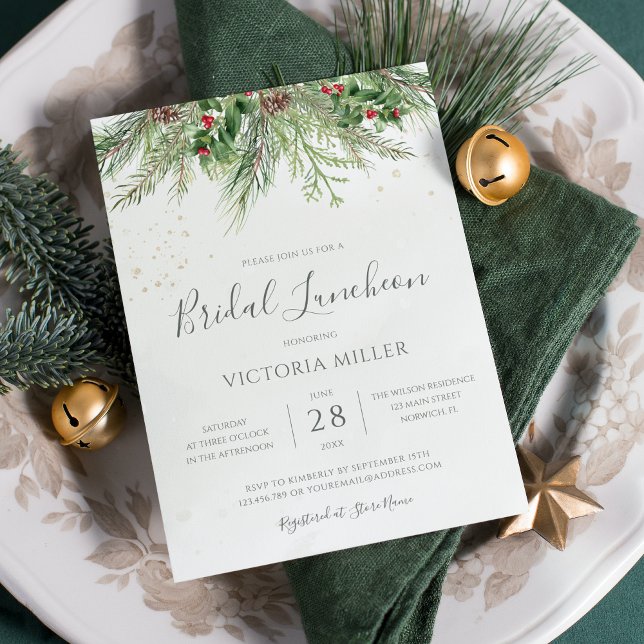 Rustic Winter Berry Pine Greenery Bridal Luncheon Einladung (Von Creator hochgeladen)