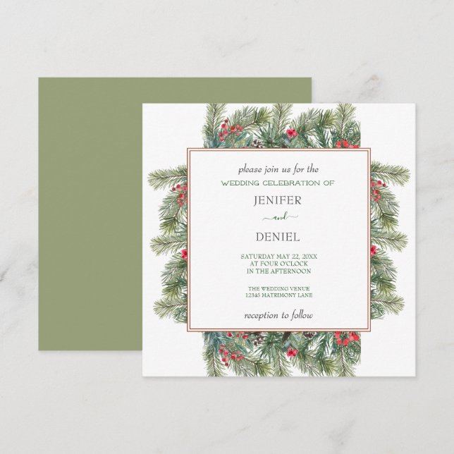 Rustic Winter Berry Pine Greenery Wedding Einladung (Vorne/Hinten)