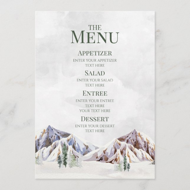 Rustic Winter Mountain Forest Wedding Menu Menükarte (Vorderseite)