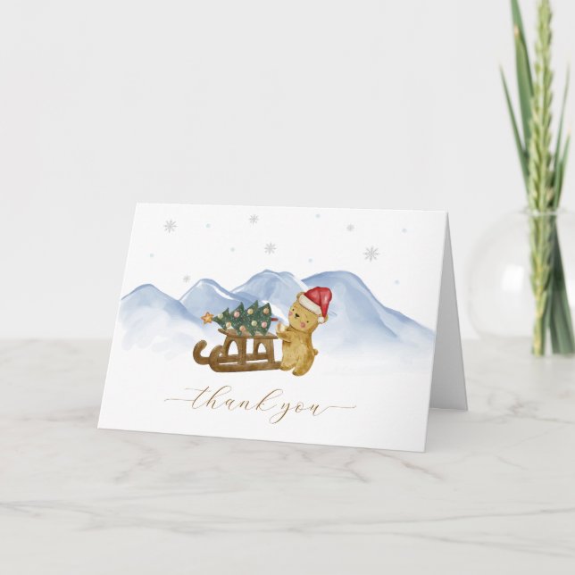 Rustic Winter Mountain Sleigh Bear Baby Shower  Dankeskarte (Vorderseite)