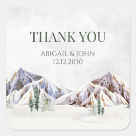 Rustic Winter Mountain Thank You Wedding Favor Tag Quadratischer Aufkleber