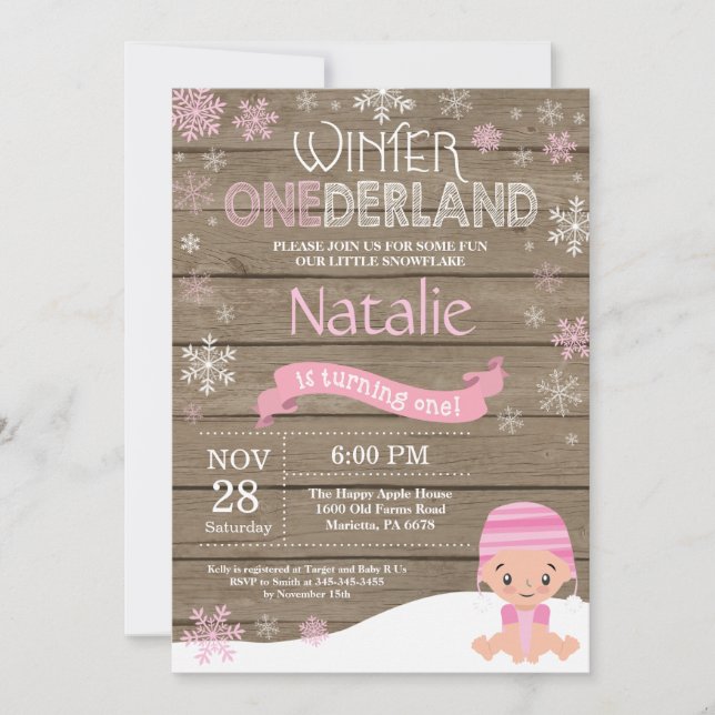 Rustic Winter Onederland 1. Geburtstag Einladung (Vorderseite)