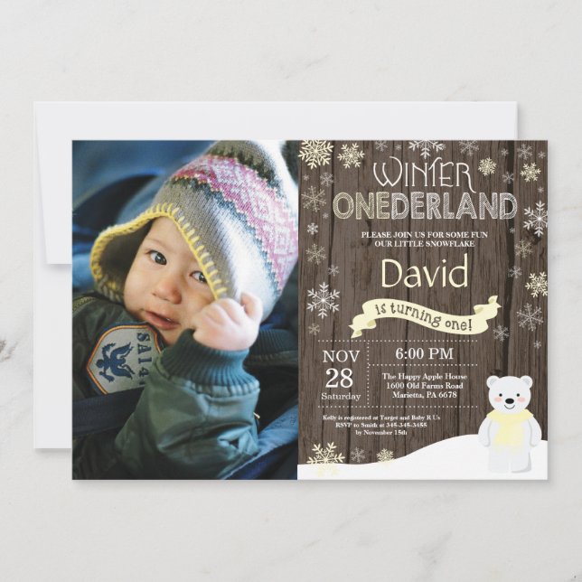 Rustic Winter Onederland 1. Geburtstag Einladung (Vorderseite)