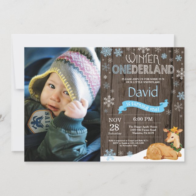 Rustic Winter Onederland Deer 1. Geburtstag Einladung (Vorderseite)