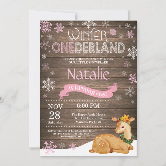 Rustic Winter Onederland Deer 1. Geburtstag Einladung (Vorderseite)