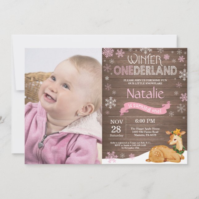 Rustic Winter Onederland Deer 1. Geburtstag Einladung (Vorderseite)