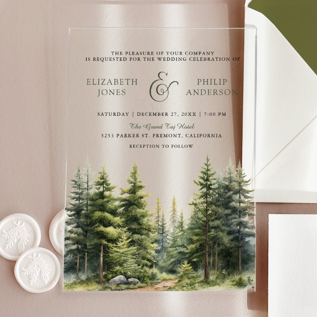 Rustic Winter Pine Trees Forest Wedding Acryleinladungen (Von Creator hochgeladen)