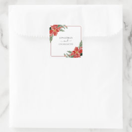 Rustic Winter Poinsettia Red Christmas Wedding Quadratischer Aufkleber