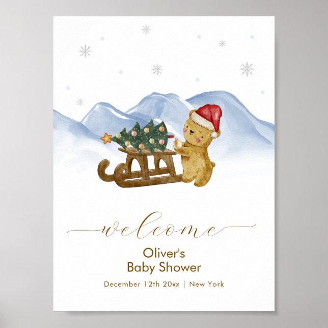 Rustic Winter Sleigh Bear Baby Shower Welcome Poster (Vorne)