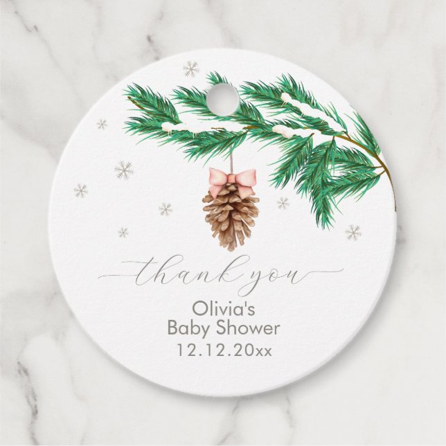 Rustic Winter Snowflake Pine cone Baby Shower  Geschenkanhänger (Vorderseite)