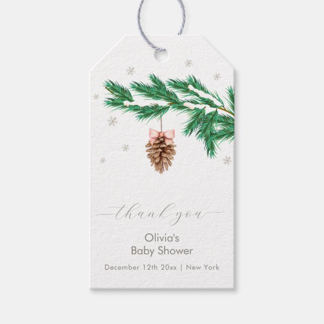 Rustic Winter Snowflake Pine cone Baby Shower Geschenkanhänger (Vorderseite)
