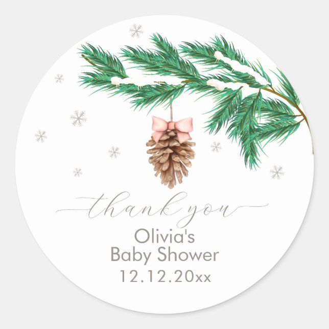 Rustic Winter Snowflake Pine cone Baby Shower  Runder Aufkleber (Vorderseite)