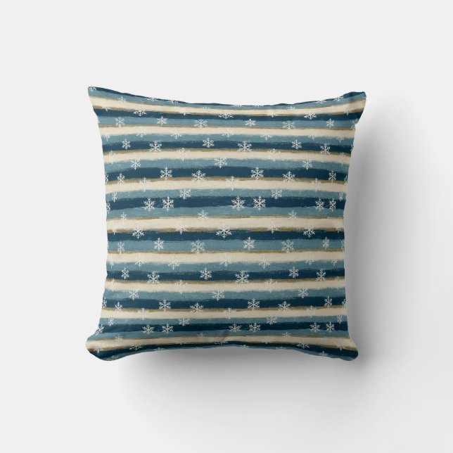 Rustic Winter Snowflakes Blue Gold Painted Stripes Kissen (Vorderseite)