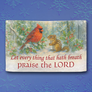 Rustic Winter Woodland Cardinal Chipmunk Scripture Banner