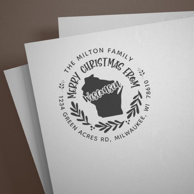 Rustic Wisconsin Frohe Weihnachtsfeier Rücksendead Gummistempel (Von Creator hochgeladen)