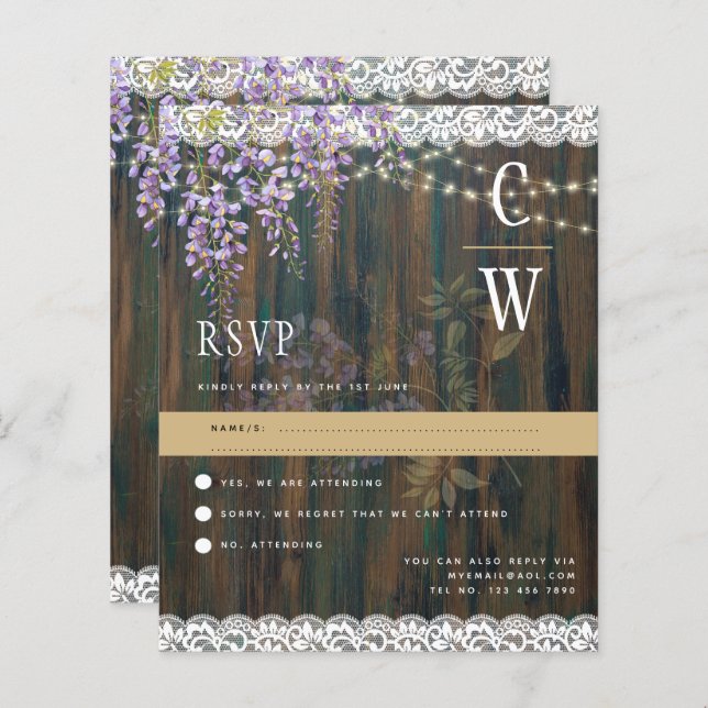 Rustic Wisteria Lights Lights Wood Wedding RSVP (Vorne/Hinten)