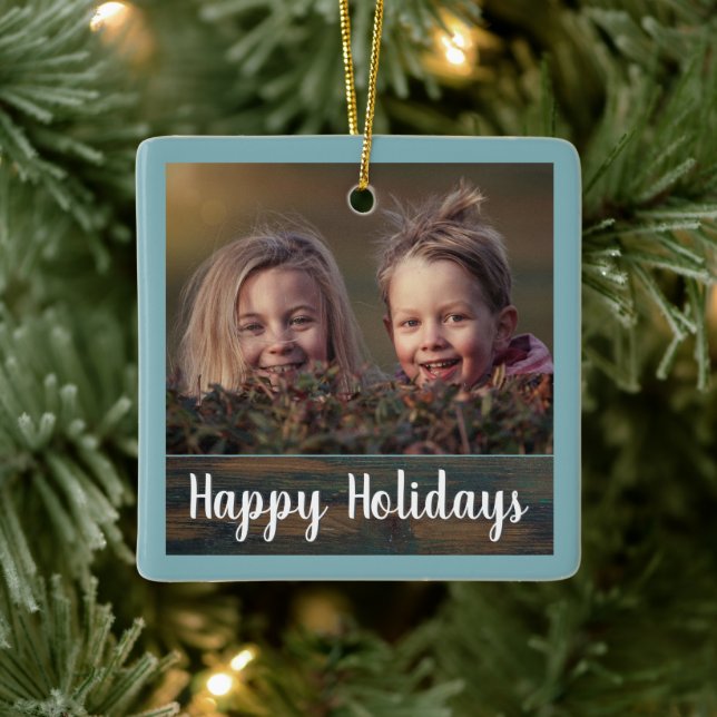 Rustic Woliday Script Custom Family Foto Keramikornament (Baum)