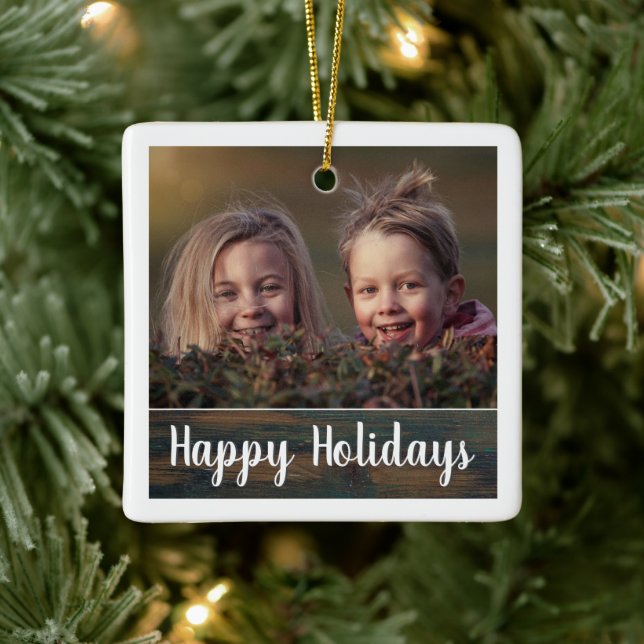 Rustic Woliday Script Custom Family Foto Keramikornament (Baum)