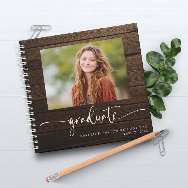 Rustic Wood Abschluss Gästebuch mit Foto Notizbuch (Rustic Wood Graduation Guest Book with Photo)