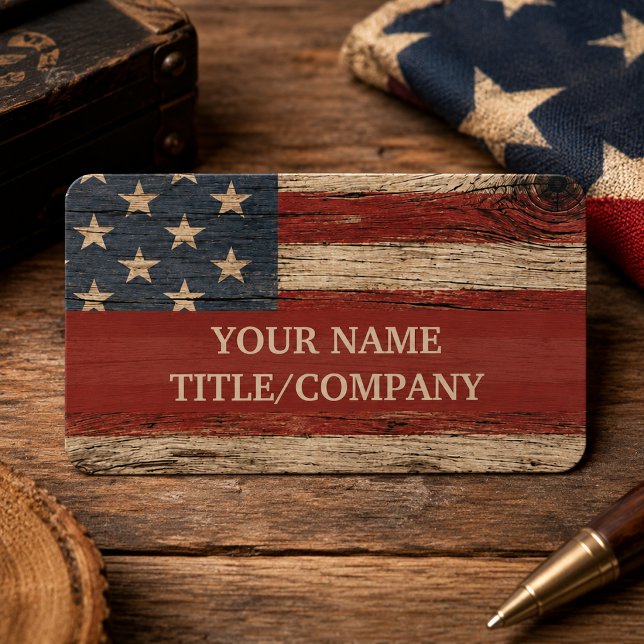 Rustic Wood American Flag Firmenname  Visitenkarte (Wood details in card are simulated in the artwork, this is a paper product with no wood texture.)
