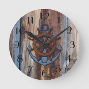 Rustic Wood Anchor Nautical Wall Clock Runde Wanduhr