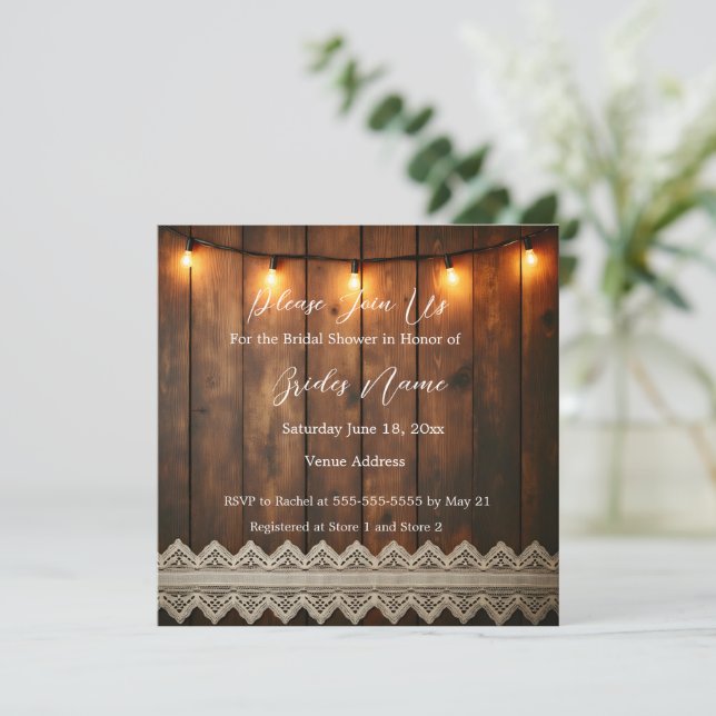 Rustic Wood and Lace Bridal Shower Invitation Einladung (Stehend Vorderseite)