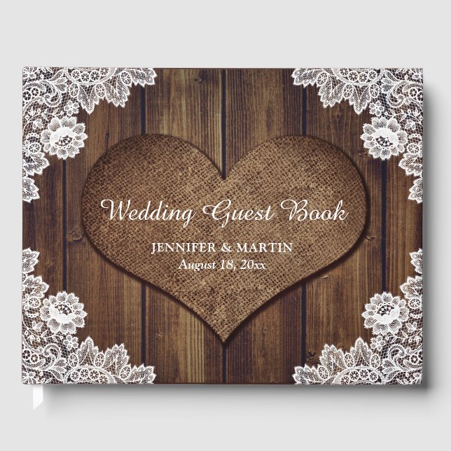 Rustic Wood and Lace Wedding Guest Book Gästebuch (Vorderseite)