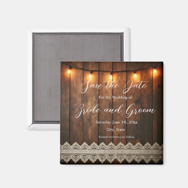 Rustic Wood and Lace Wedding Save the Date Magnet (Vorderseite/Rückseite)