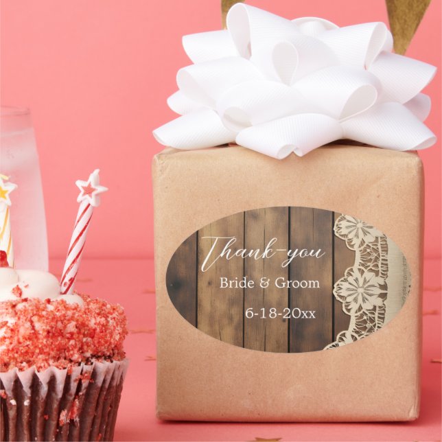 Rustic Wood and Lace Wedding Thank-you Sticker (Party)